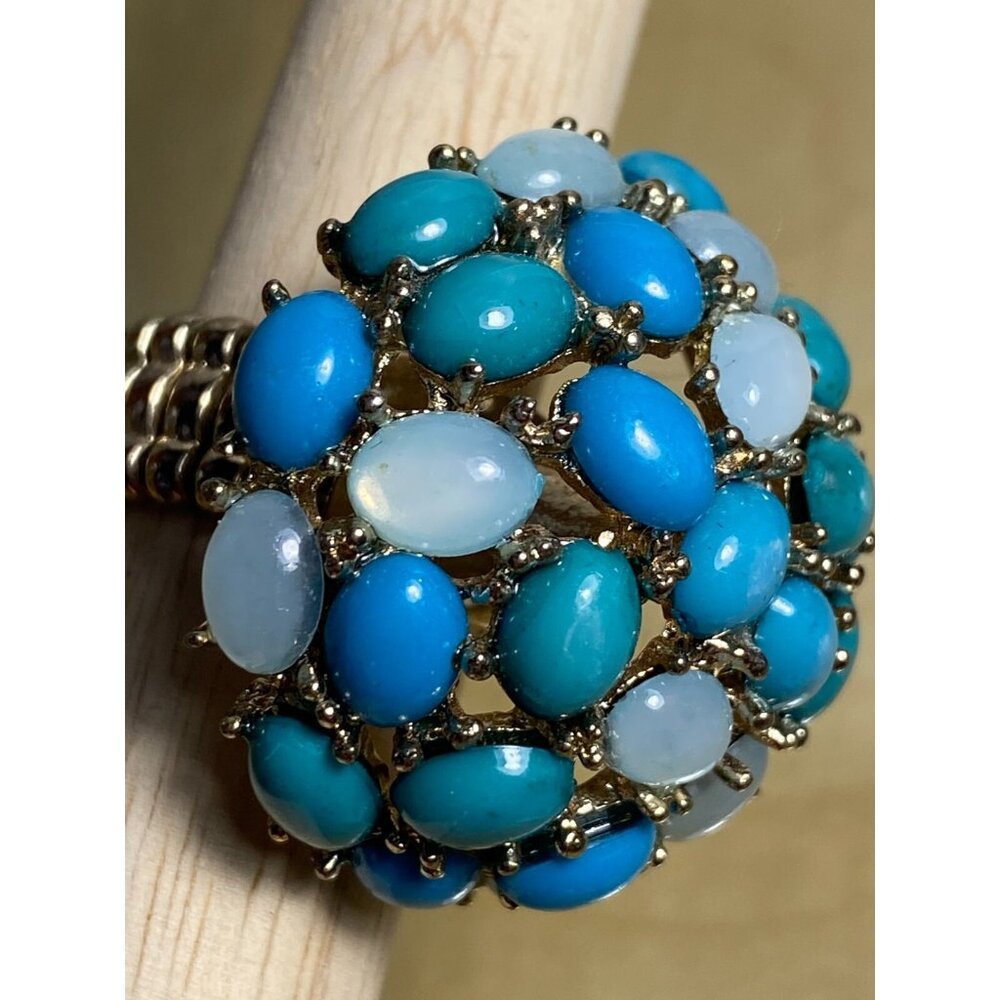 Vintage Turquoise & Moonstone Cluster Dome Cocktail Ring Gold Tone Adjustable